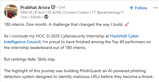 Cybersecurity Intern Feedback Testimonial